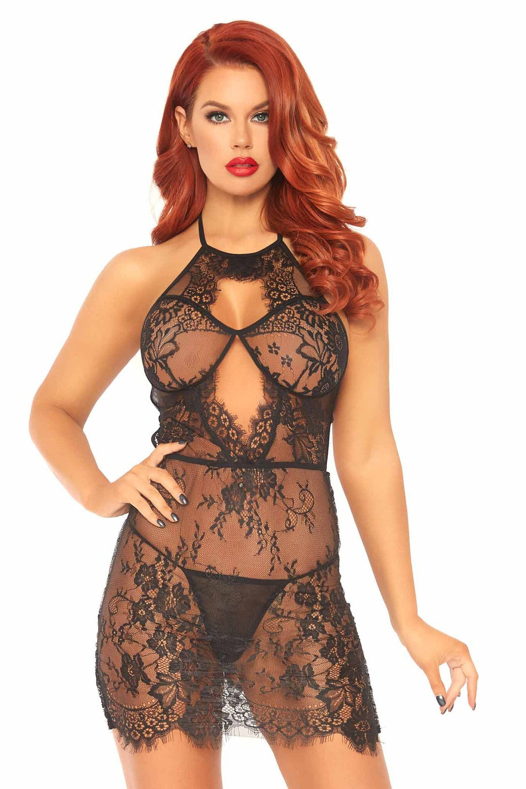 2 Piece Eyelash Lace Keyhole Halter Dress W/Scalloped Cut-Outs Set-Lingerie Sets-SEXYSHOES.COM