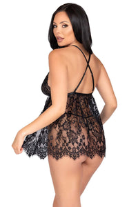 Leg Avenue 2 Piece Floarl Lace Babydoll, Scalloped Hem W/Cross Over Straps in Black