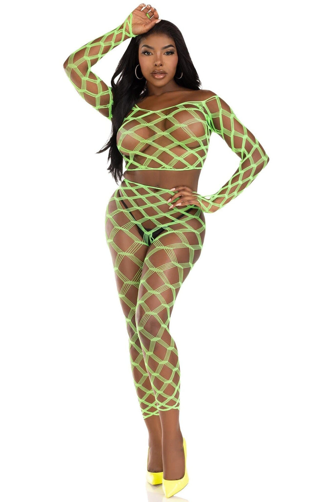 2 Piece Hardcore Net Crop Top And Footless Tights-Lingerie Sets-SEXYSHOES.COM