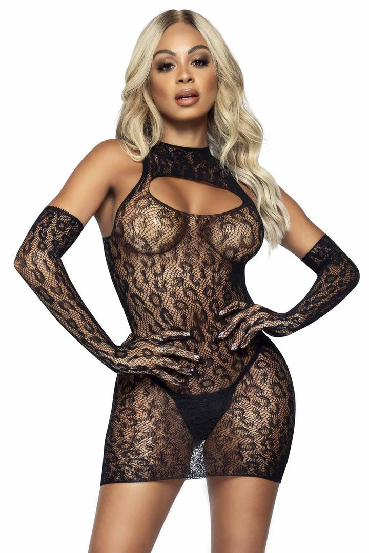 2 Piece Leopard Net Keyhole Dress And Matching Gloves-Stripper Dresses-SEXYSHOES.COM