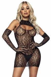 Leg Avenue 2 Piece Leopard Net Keyhole Dress And Matching Gloves in Black  from SexyShoes.com
