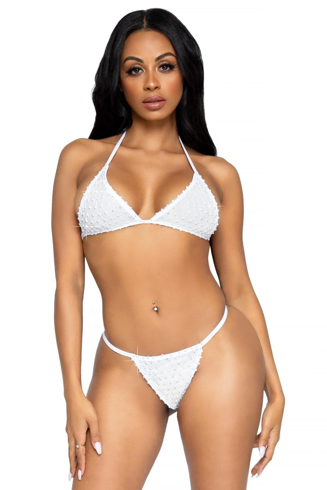 Leg Avenue 2 Piece Mesh Top & Rhinestone G String Bikini Set in White  from SexyShoes.com