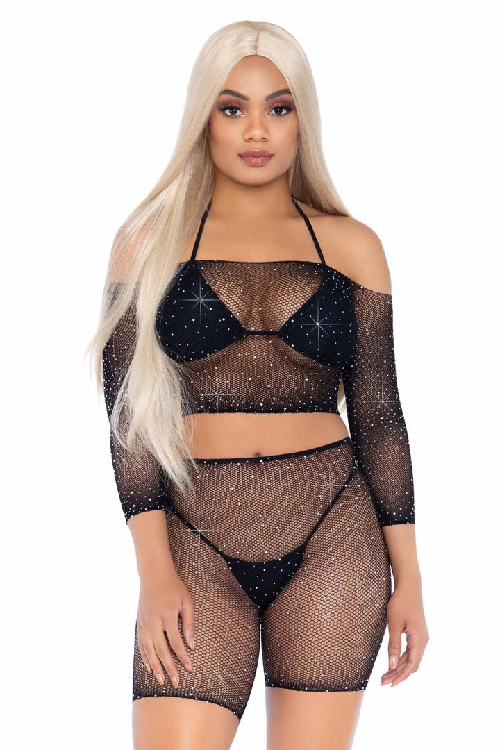 2 Piece Rhinestone Fishnet Long Sleeve Crop Top & Biker Shorts-Lingerie Sets-SEXYSHOES.COM