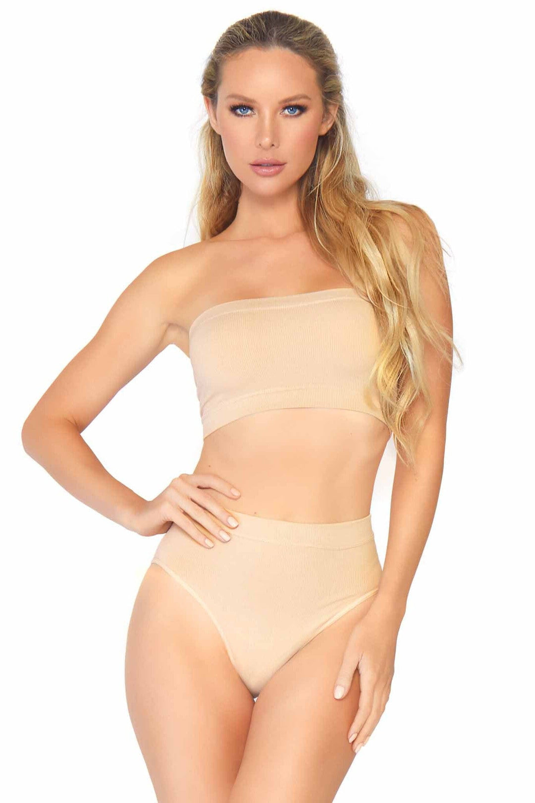 2 Piece Seamless Opaque Microfiber Ribbed Bandeau Top & High Waist Brief-Shapewear-SEXYSHOES.COM