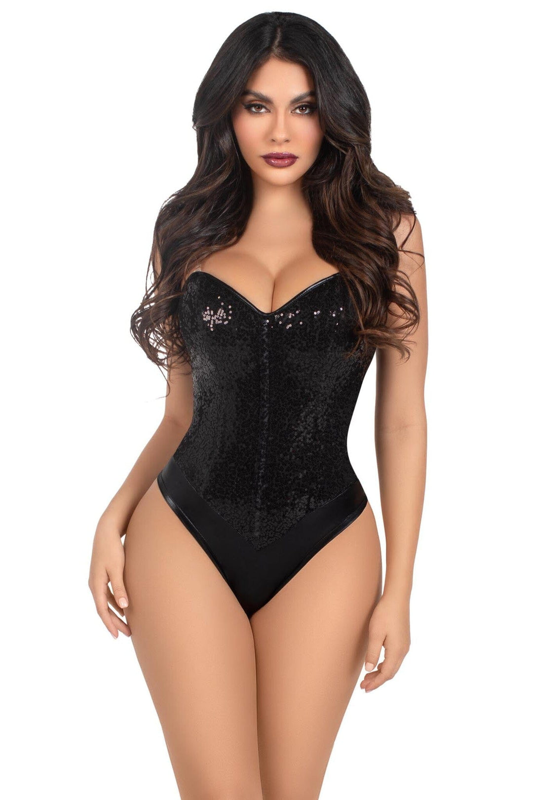 2 Piece Snap Crotch Bodysuit With Sequin & Detachable Clear Straps-Bodysuits-SEXYSHOES.COM
