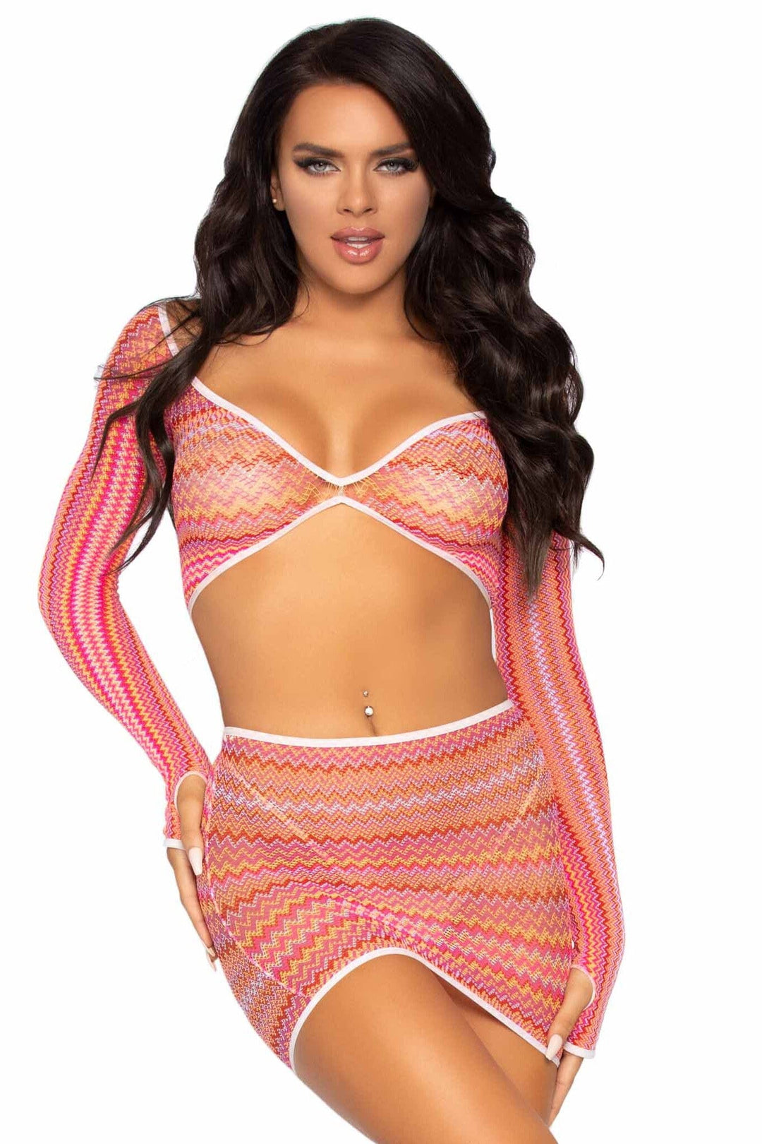 2 Piece Zigzag Net Gauntlet Sleeve Crop Top & Mini Skirt Set-Lingerie Sets-SEXYSHOES.COM