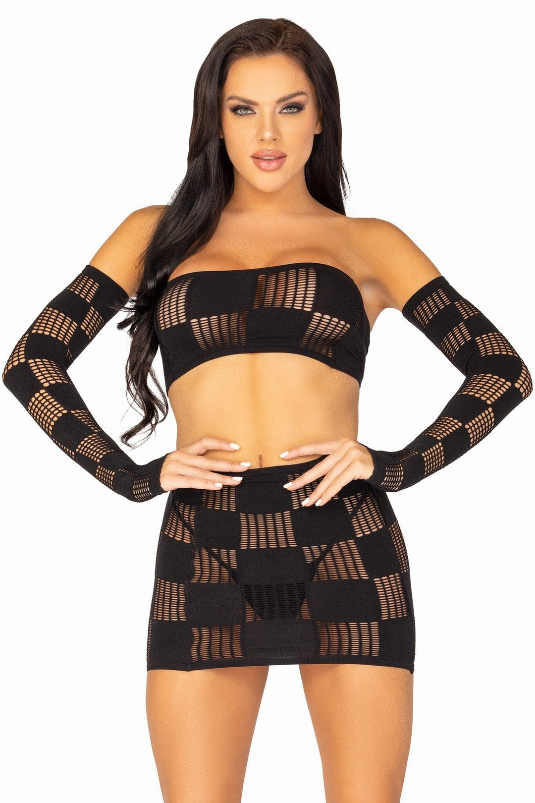 3 Piece Checkerboard Net Bandeau, Mini Skirt & Arm Warmers-Dancewear Sets-SEXYSHOES.COM