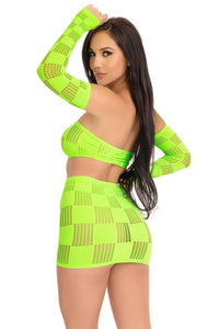 3 Piece Checkerboard Net Bandeau, Mini Skirt & Arm Warmers-Dancewear Sets-SEXYSHOES.COM