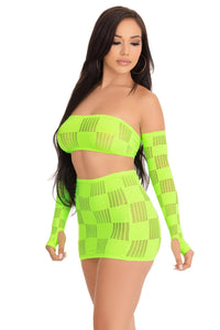 3 Piece Checkerboard Net Bandeau, Mini Skirt & Arm Warmers-Dancewear Sets-SEXYSHOES.COM