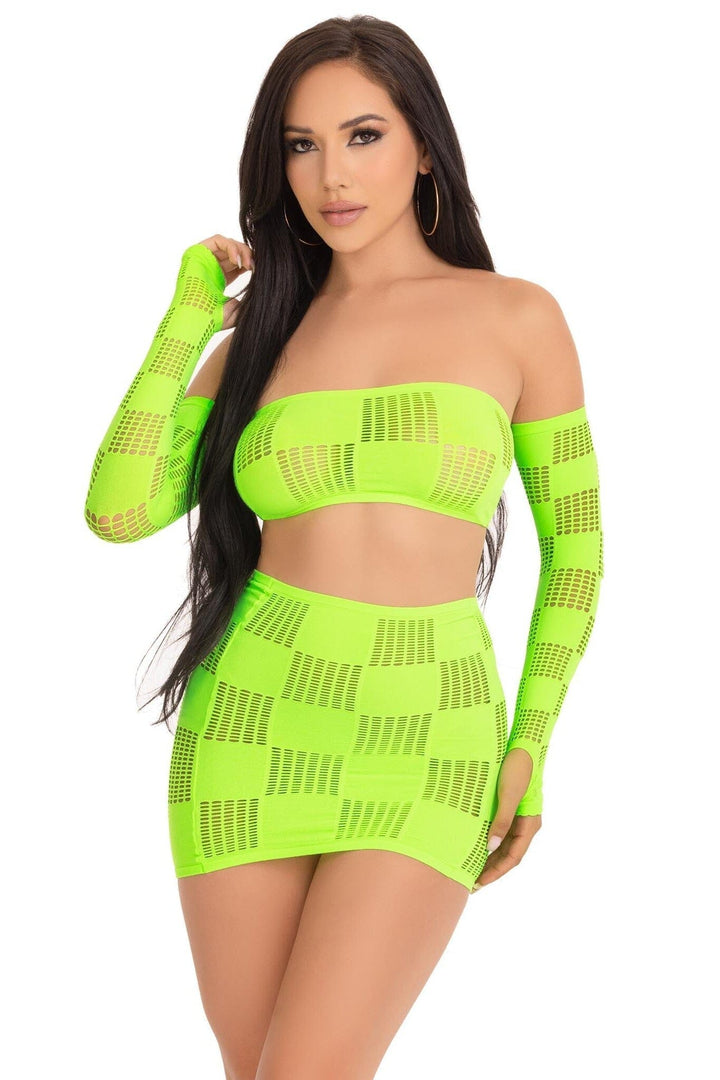 3 Piece Checkerboard Net Bandeau, Mini Skirt & Arm Warmers-Dancewear Sets-SEXYSHOES.COM