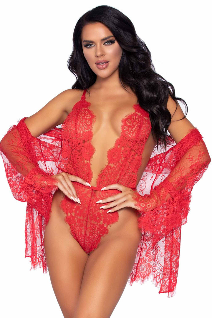 3 Piece Floral Lace Teddy, Thong Back, Matching Robe & Satin Tie-Lingerie Sets-SEXYSHOES.COM