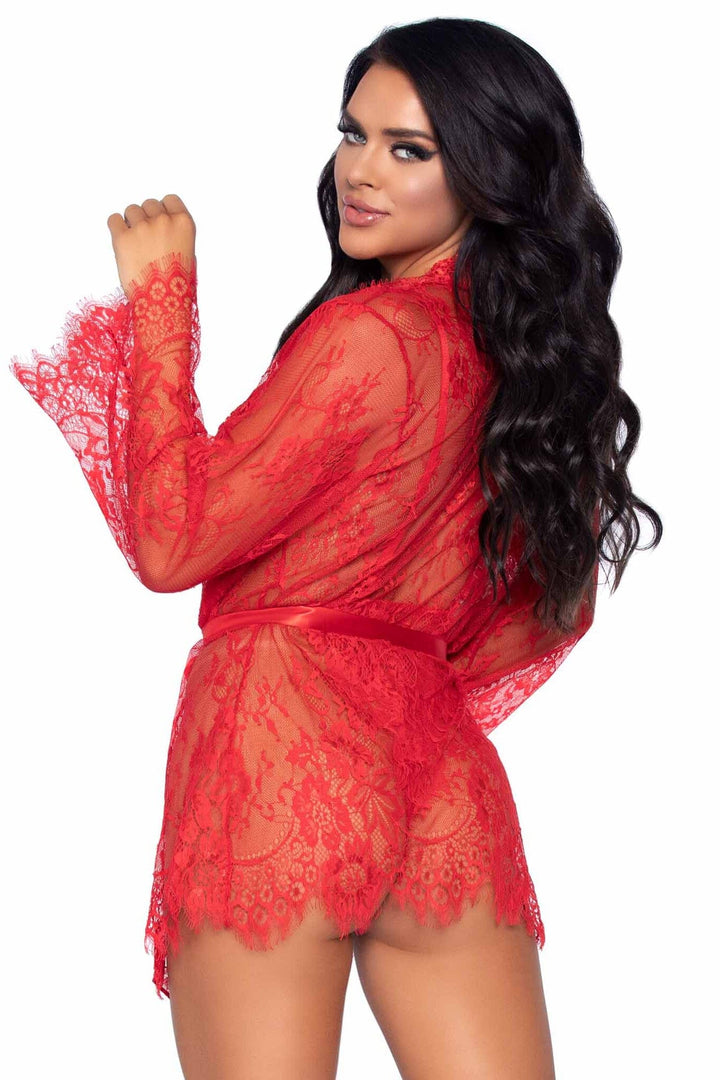 3 Piece Floral Lace Teddy, Thong Back, Matching Robe & Satin Tie-Lingerie Sets-SEXYSHOES.COM