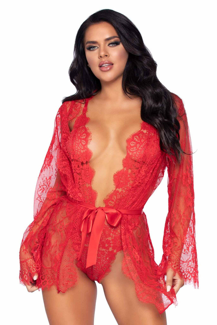3 Piece Floral Lace Teddy, Thong Back, Matching Robe & Satin Tie-Lingerie Sets-SEXYSHOES.COM