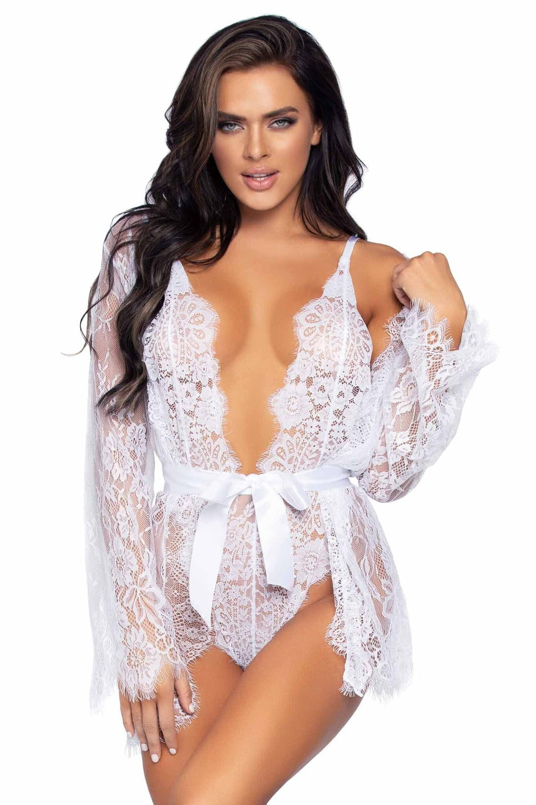 3 Piece Floral Lace Teddy, Thong Back, Matching Robe & Satin Tie-Lingerie Sets-SEXYSHOES.COM