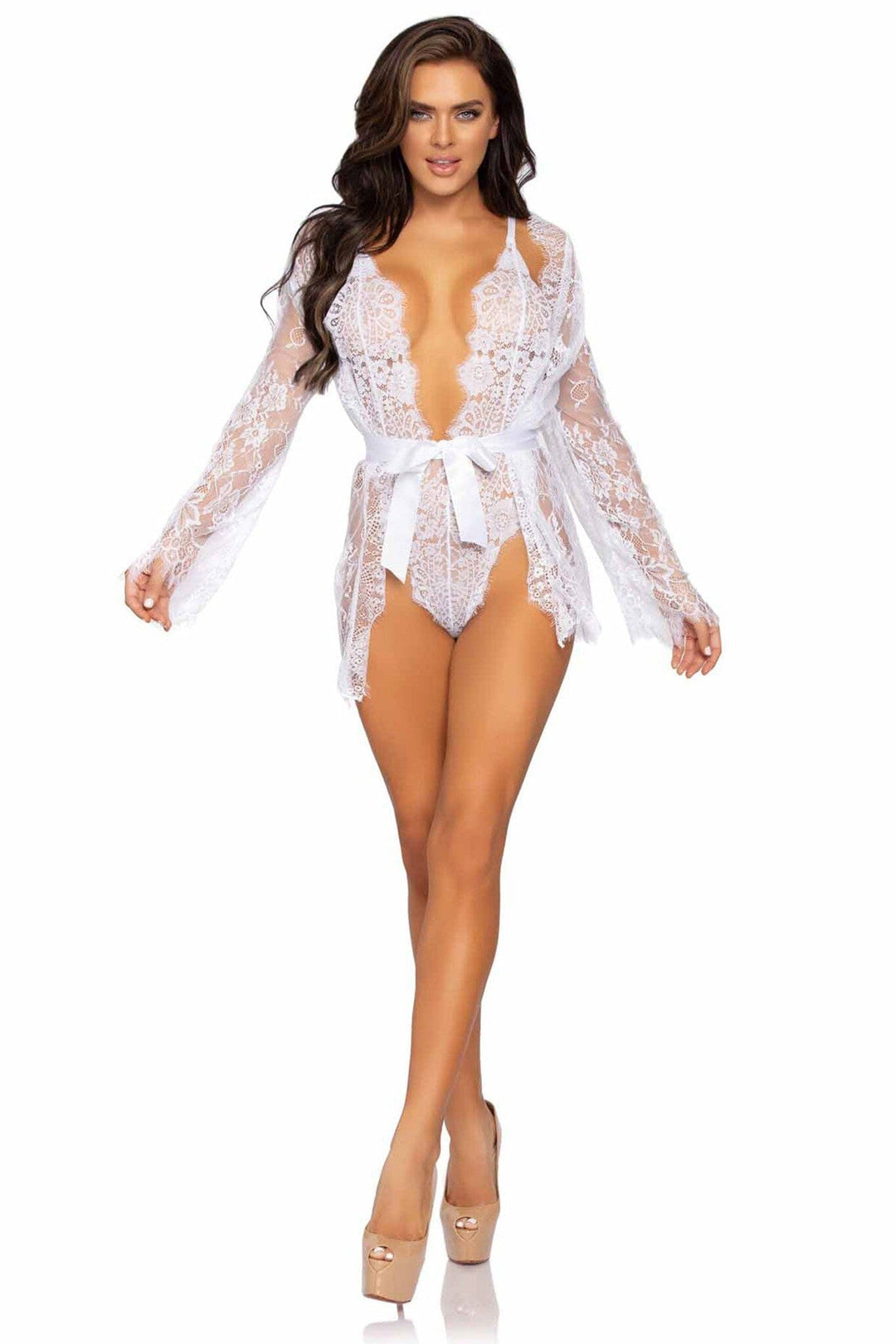 3 Piece Floral Lace Teddy, Thong Back, Matching Robe & Satin Tie-Lingerie Sets-SEXYSHOES.COM