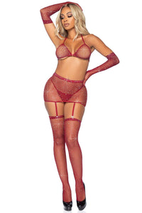 5 Piece Rhinestone Fishnet Garter Skirt Set W/Bikini Top & Accessories-Lingerie Sets-SEXYSHOES.COM