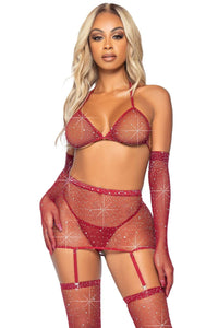 Leg Avenue 5 Piece Rhinestone Fishnet Garter Skirt Set W/Bikini Top & Accessories in Burgundy  from SexyShoes.com
