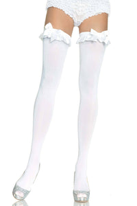 Leg Avenue Nylon Ruffle Bowed Stockings in White  from SexyShoes.com