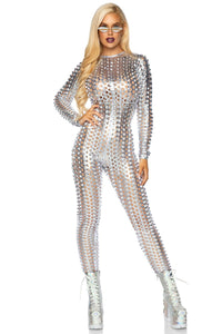 Leg Avenue Lasercut Metallic Catsuit in Silver