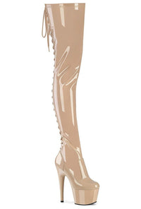 Pleaser ADORE-3850 Nude Patent Thigh Boot in Nude Patent from SexyShoes.com