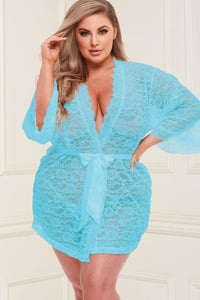 Baci Lingerie All Over Lace & Satin Robe in Blue  from SexyShoes.com
