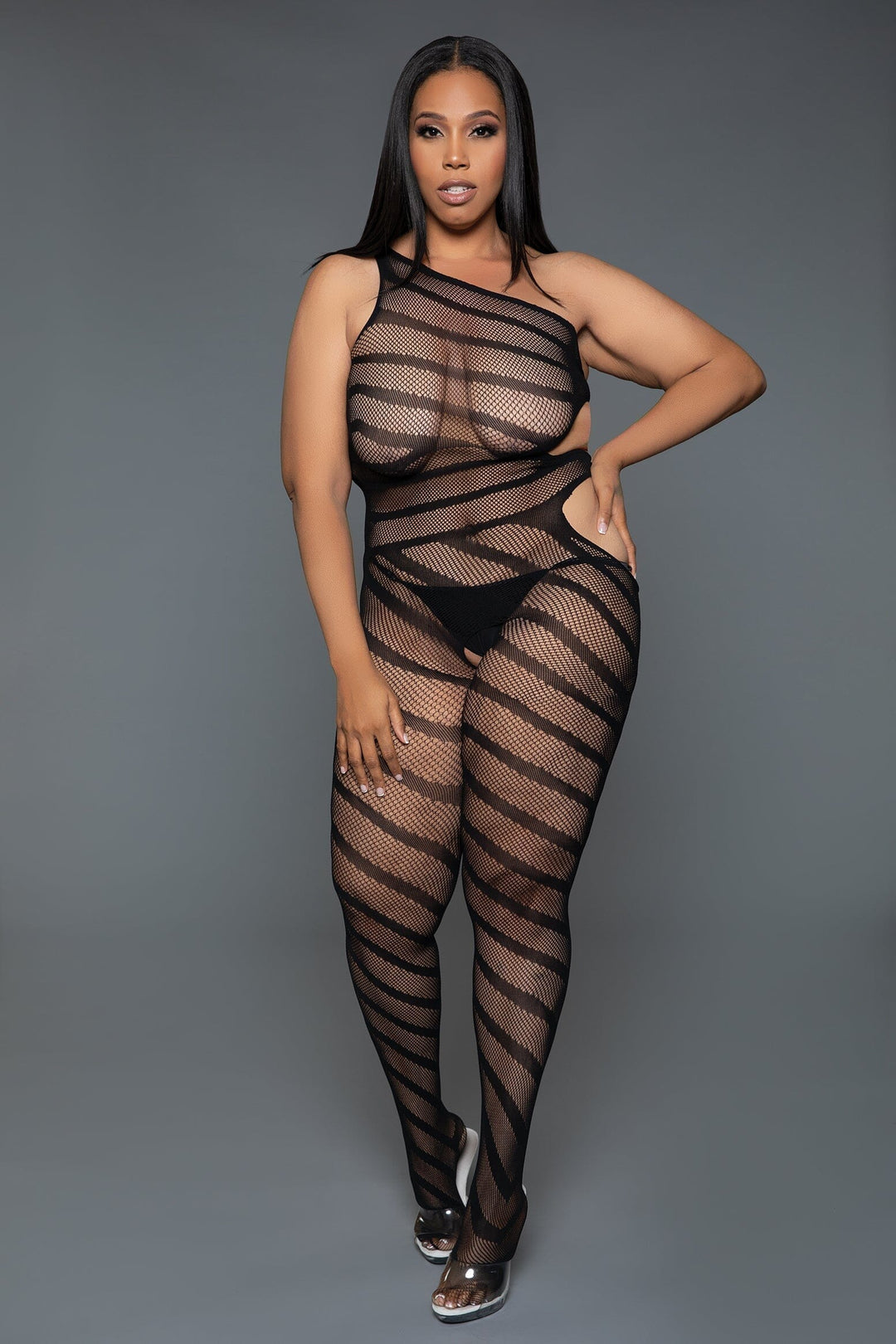 BeWicked Asymmetric Stripe Bodystocking in Black  from SexyShoes.com