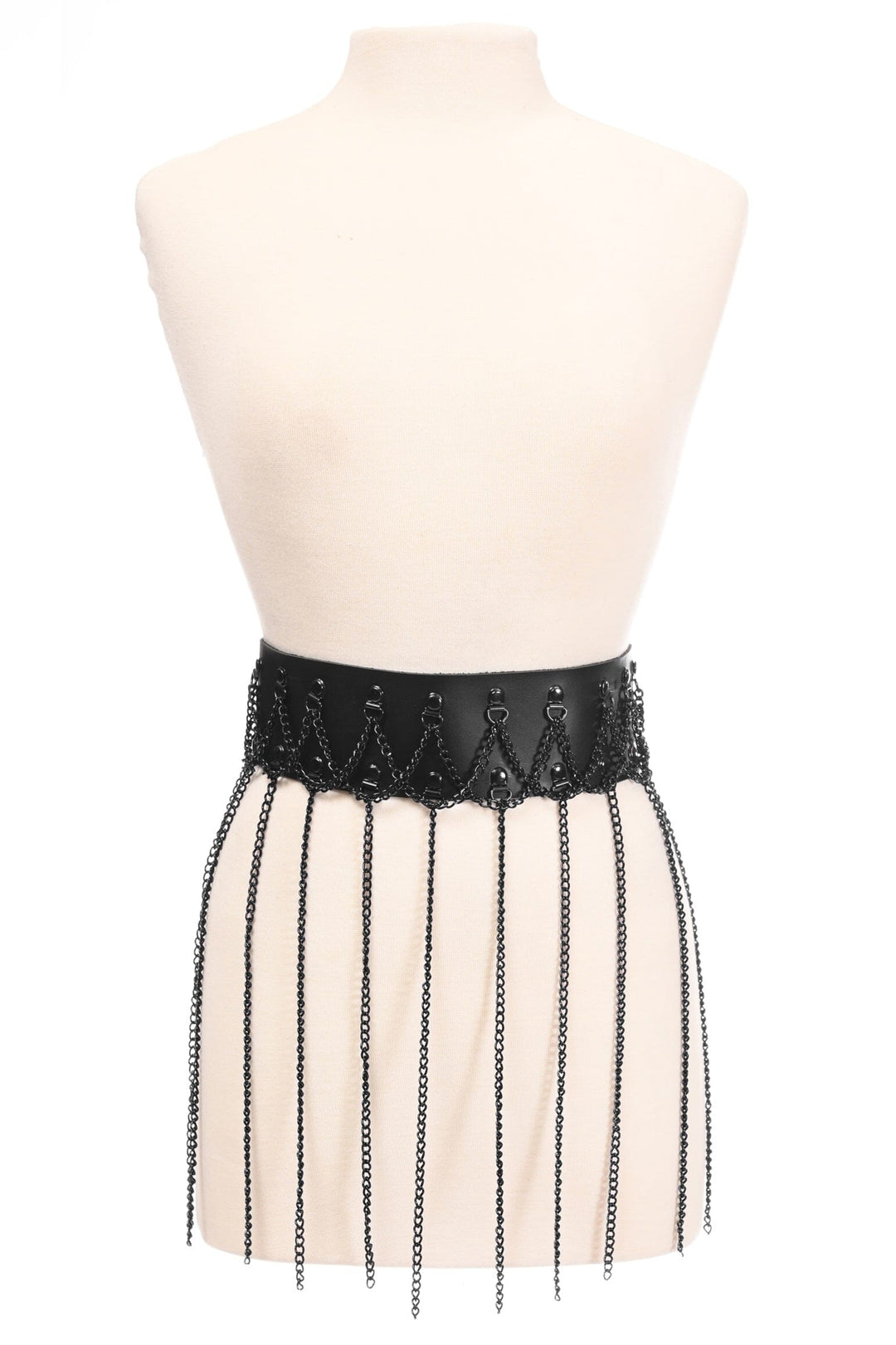 Black Faux Leather & Black Metallic Chain Fringe Skirt-Fringe Skirts-SEXYSHOES.COM
