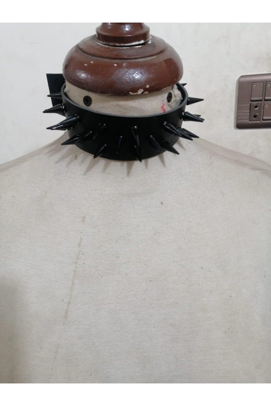 Black Faux Leather & Black Metallic Spike Choker-Cuffs + Chokers-SEXYSHOES.COM