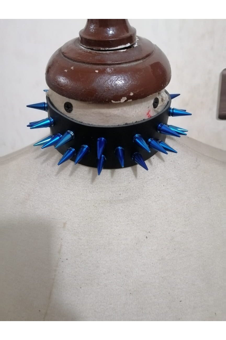 Black Faux Leather & Blue Metallic Spike Choker