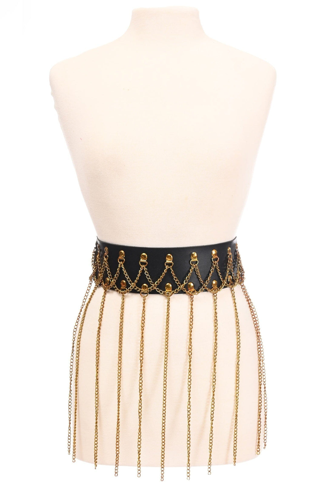 Black Faux Leather & Gold Metallic Chain Fringe Skirt-Fringe Skirts-SEXYSHOES.COM