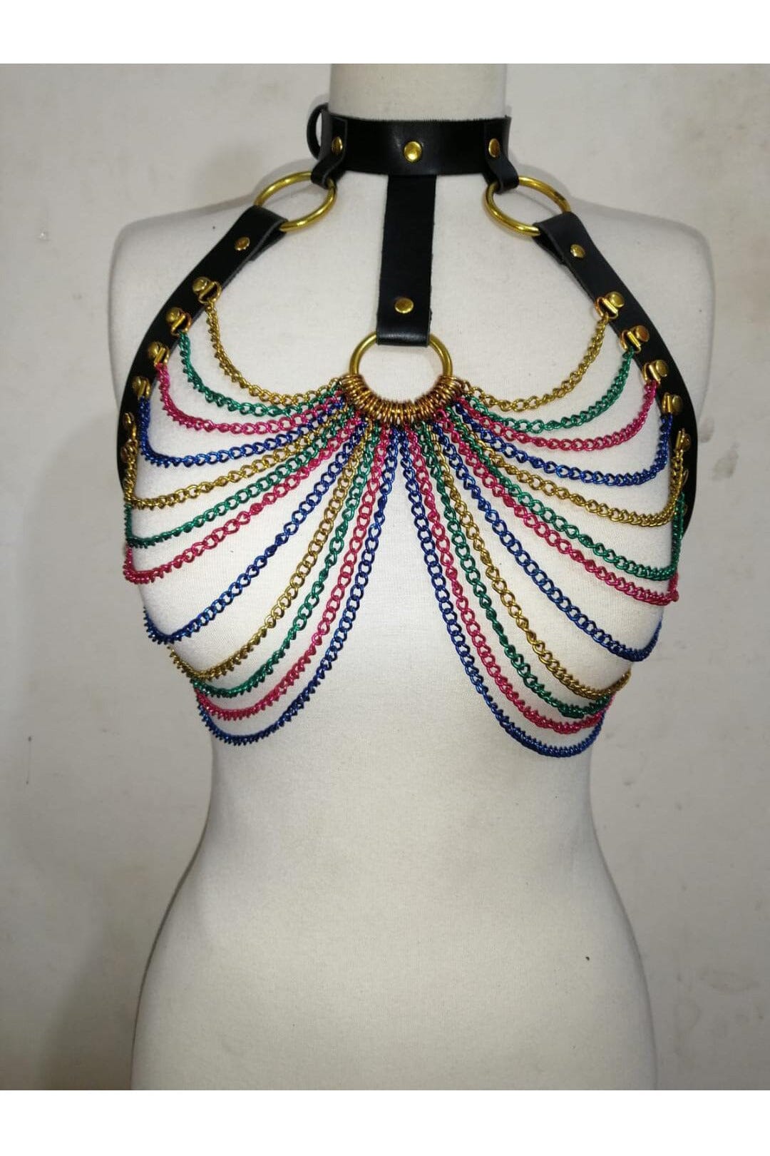 Black Faux Leather & Rainbow Metallic Chain Harness-Body Harness-SEXYSHOES.COM