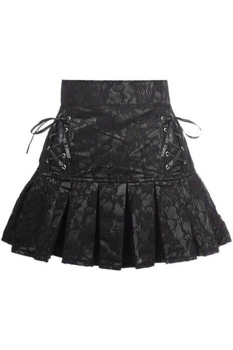 Black Satin w/Black Lace Overlay Lace-Up Skirt-Mini Skirts-SEXYSHOES.COM