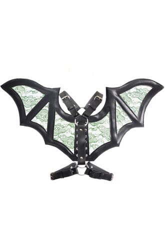 Black/Green Faux Leather & Lace Wing Harness-Wings + Harness-SEXYSHOES.COM