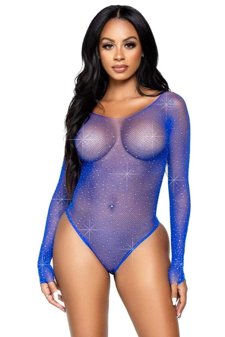 Crystalized Long Sleeved Fishnet Thong Back Bodysuit With Snap Crotch-Bodysuits-SEXYSHOES.COM
