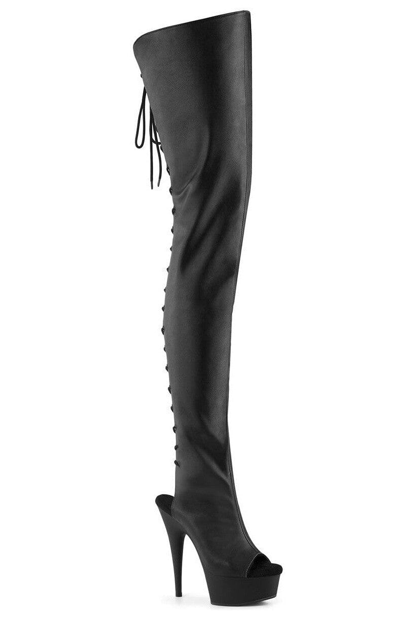 Pleaser DELIGHT-4019 Black Faux Leather Thigh Boot in Black Faux Leather from SexyShoes.com