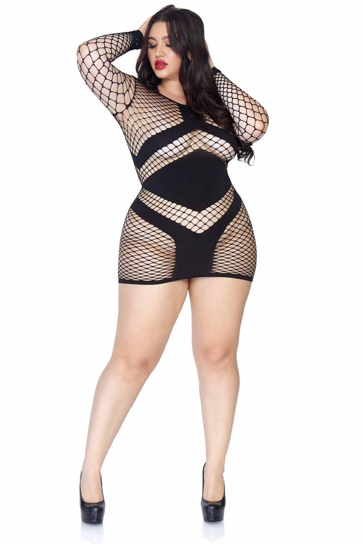 Diamond Net Long Sleeved Mini Dress, Opaque Accents-Stripper Dresses-SEXYSHOES.COM