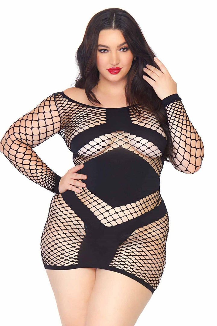 Diamond Net Long Sleeved Mini Dress, Opaque Accents-Stripper Dresses-SEXYSHOES.COM