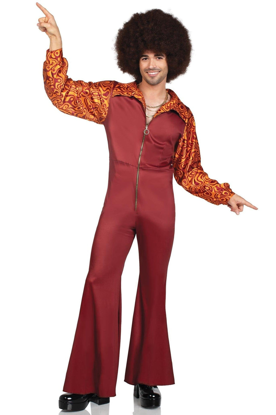 Disco Leisure Suit, Features Zip-Up Bell Bottom Jumpsuit-80's Costumes-SEXYSHOES.COM
