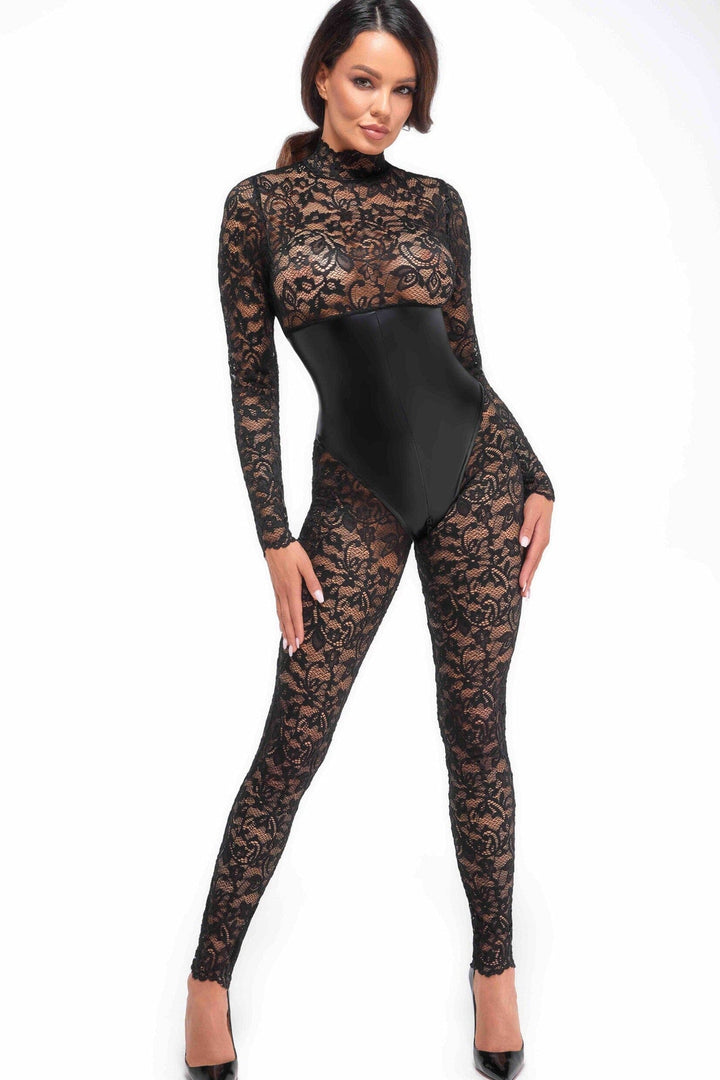 Enigma Lace Catsuit With Under Bust Bodice-Fetish Catsuits-SEXYSHOES.COM