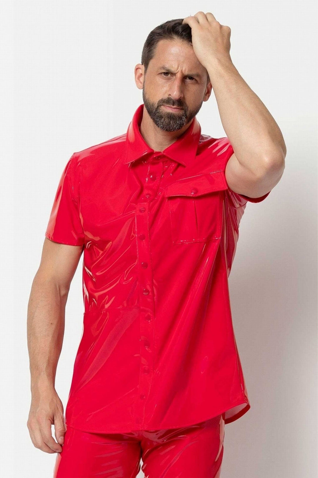L'HOMME FINN Button Up Vinyl T Shirt in Red  from SexyShoes.com