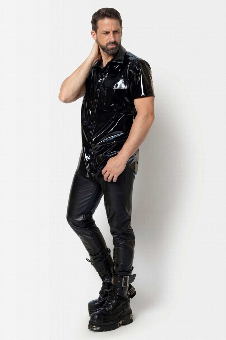 FINN Button Up Vinyl T-Shirt-Fetish Tops-SEXYSHOES.COM