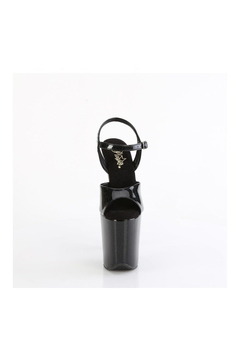 Pleaser FLAMINGO-809GP Black Glitter Patent Sandal in Black Glitter Patent