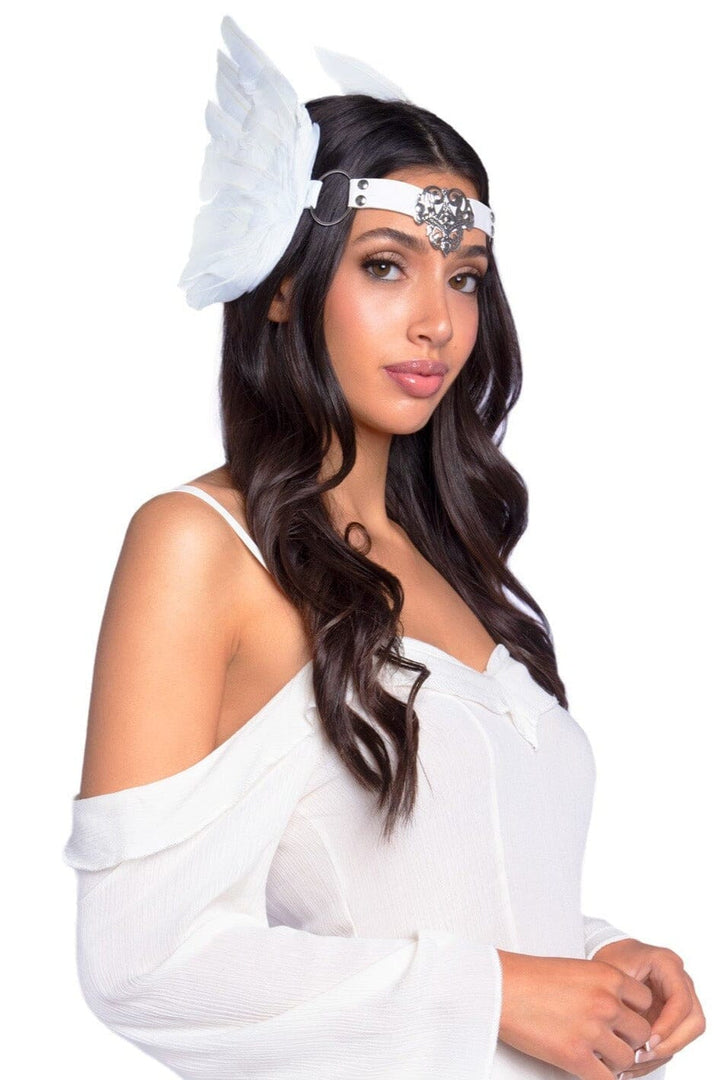 Feather Headband With O-Ring And Metal Filigree Medallion Accent-Costume Headwear-SEXYSHOES.COM