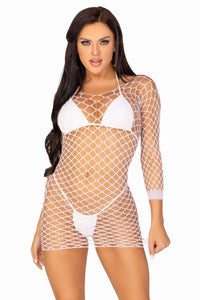 Leg Avenue Fence Net Long Sleeved Mini Dress in White  from SexyShoes.com