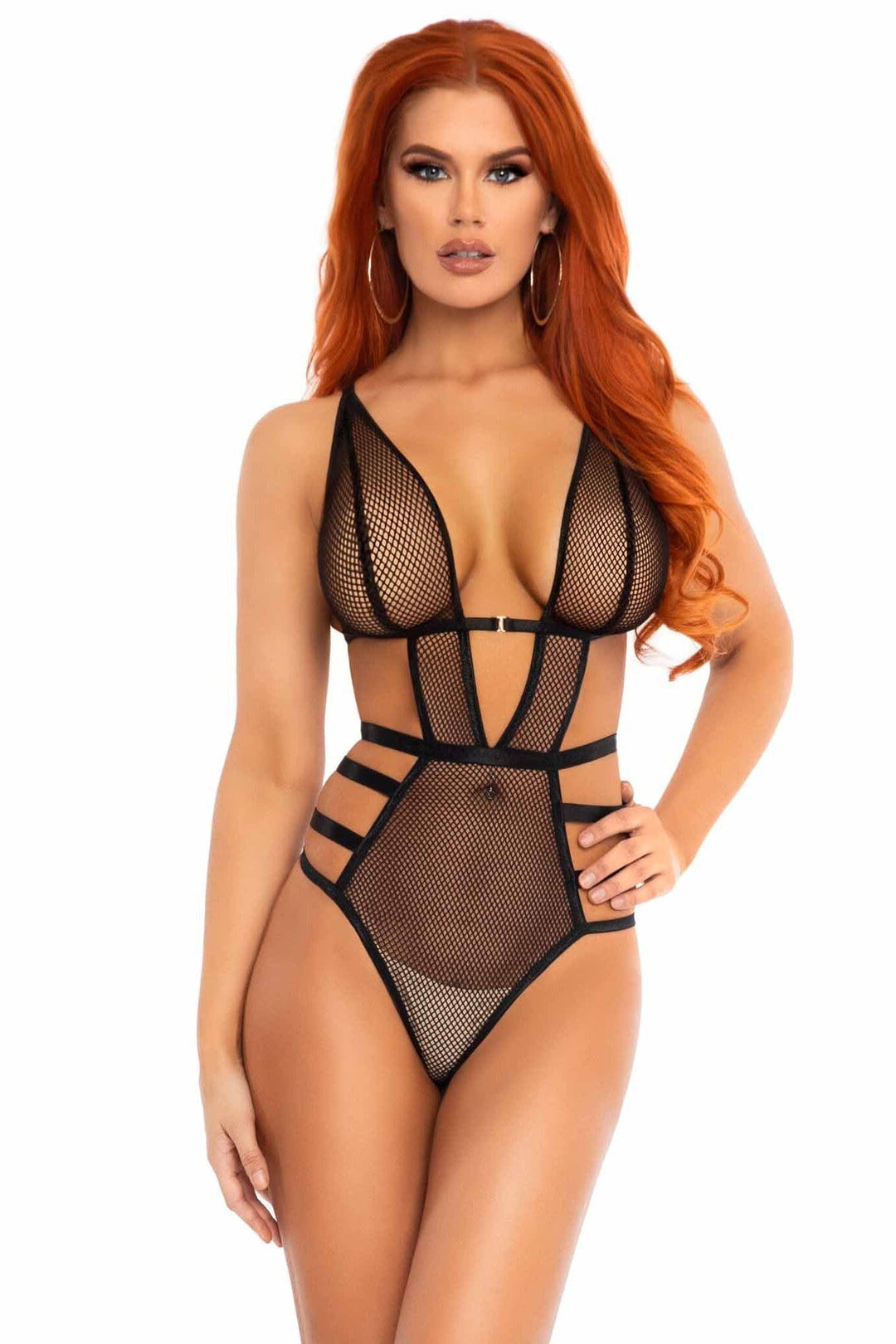 Fishnet Cut Out Strappy G-String Teddy With Adjustable Straps-Teddies-SEXYSHOES.COM