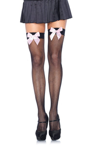 Fishnet Stocking W/Bow-Thigh High Stockings-SEXYSHOES.COM