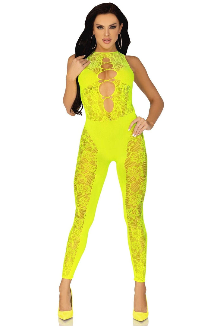 Floral Convertible Footless Bodystocking With Opaque Panel Detail-Bodystockings-SEXYSHOES.COM
