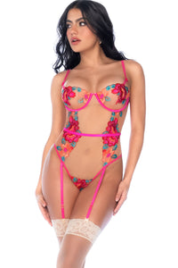 Mapale Floral Embroidered Mesh Bodysuit in Fuchsia  from SexyShoes.com