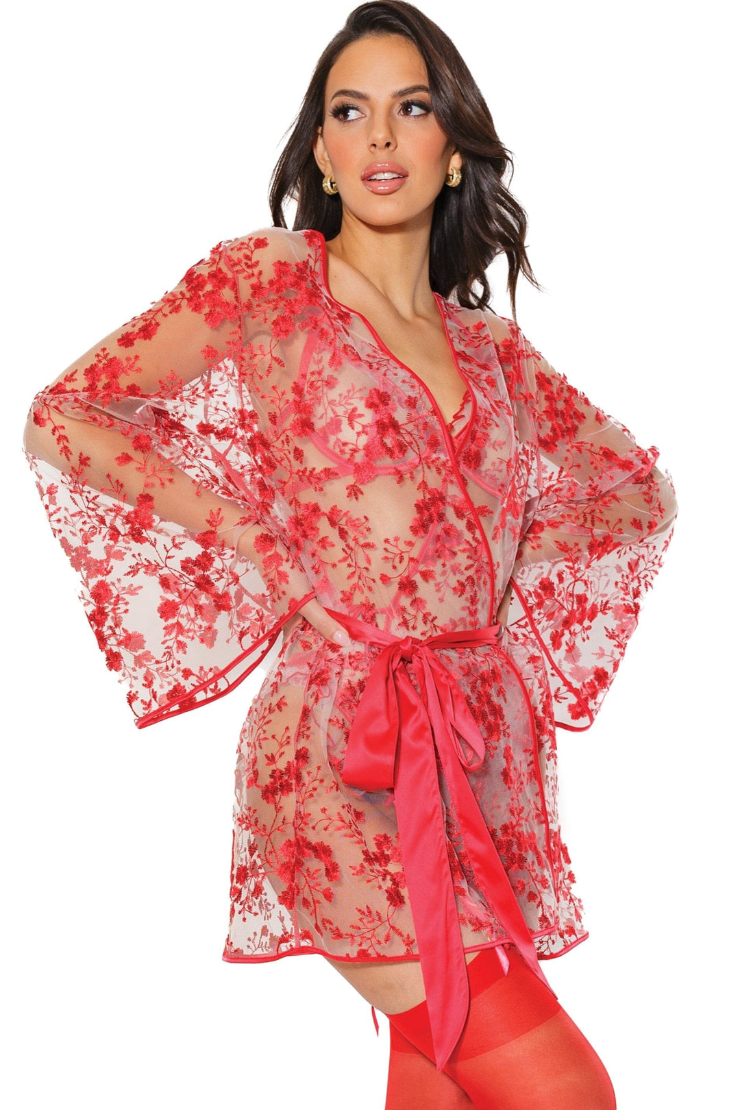 Coquette Floral Tulle Robe in Red  from SexyShoes.com