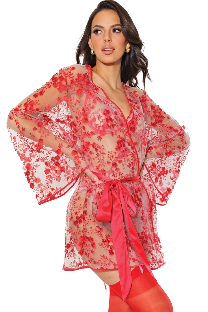 Coquette Floral Tulle Robe in Red  from SexyShoes.com